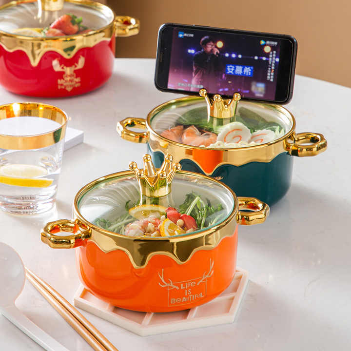 Binaural Instant Noodle Bowl Color Glazed Ceramic Bowls With Lid and Chopsticks Spoon
