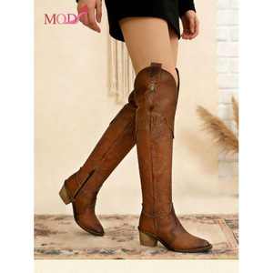 Botas de mujer Moda por encima de la rodilla, tacón grueso, bordadas, estilo casual para montar a caballo, estilo vacacional - Product Image 1