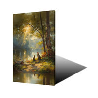 Impression sur toile « Forêt Sereuse au Soleil » : Lapins Mignons au Bord du Lac – Décoration Murale pour Salon et Chambre, Taille Personnalisable