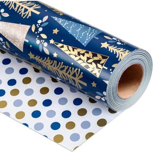 Reversible Christmas <b>Wrapping</b> <b>Paper</b> Blue Navy Tree Polka Dot Design 46.8 Sq Ft Roll Gift Craft Packaging - Product Image 1