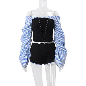 ملابس نسائية جديدة للربيع والخريف بلوزة بدون حمالة + شورت قصير مكون من قطعتين طقم مثير من قطعتين ملابس نسائية - Product Image 3