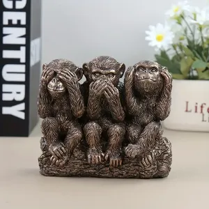 Ensemble de statues en résine Offre Spéciale classiques des trois singes sages, finition bronze antique avec socle en bois, décor de bureau à domicile <span class=keywords><strong>philosophie</strong></span> pour bureau - Product Image 4