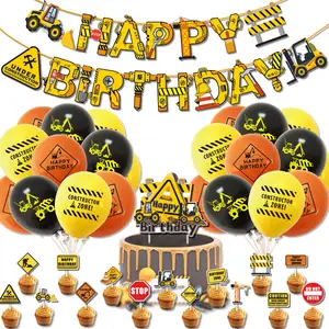 Veicolo di ingegneria camion bandiera Banner Cake Toppers compleanno per bambini festa a tema decorazione Bulldozer escavatore palloncino Set