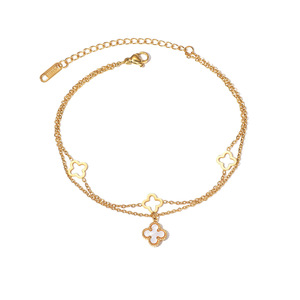 Bracelet de cheville en acier titane plaqué or 18 carats, étanche, anti-ternissement, avec trèfle porte-bonheur superposé et double chaîne pour femme - Product Image 6