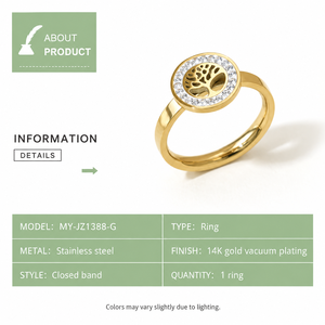 <b>Tree</b> Halo Ring Stainless Steel 14K Gold Vacuum Plated Zircon circular <b>tree</b> cutout with clear zircon halo and <b>slim</b> bandTree Halo - Product Image 2