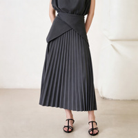 Rok Midi Lipit Abu-Abu Tua Wanita, Rok A-Line Elegan Berpinggang Tinggi, Rok Kasual Berpinggang Elastis Serbaguna