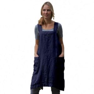 Women's Cotton Linen Apron Long <b>Wrap</b> Home Wear Loose Long Dress Comfortable Household Cleaning and Cooking Apron for Women - Product Image 5