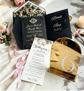 Suite d'invitations de mariage de luxe en papier coton texturé noir et or, avec menu, ruban de table, sceau de cire et impression personnalisée à feuille d'or - Product Image 3