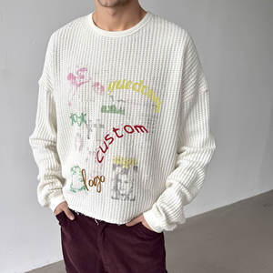 T-Shirt Termica in Cotone Bianco Personalizzata, Oversize, Pesante, con Stampa, Maniche Lunghe per Uomo, Stile Casual a Maglia Waffle - Product Image 2