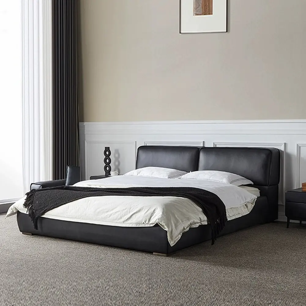 Nouveau design cadre de lit modèle italien lit en cuir noir remplissage de plumes ensembles de lits rembourrés