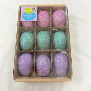 Ovos de páscoa de plástico com brilho, 9 peças, decoração para festival, com caixa de pvc