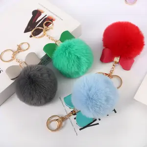 Pompom Pompoms Cute Bow Pompom Keychain High Quality Rhinestone Faux Pompoms Bag Pendant Car Key Ring Custom Logo Keychain