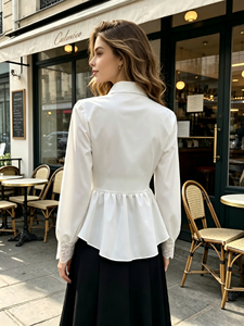 Blusa Blanca de Popelina para Mujer, con Botones, Capa Transparente de Encaje, Manga Larga, Diseño Clásico Plisado, Corte Regular - Product Image 3