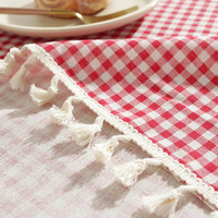 Nappe en coton et lin rouge et blanc, sans plis, à carreaux vintage, à carreaux écossais, avec des glands