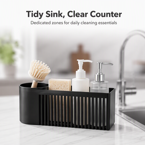 Organizador de Fregadero Moderno de Plástico Negro, Porta Esponjas Multifuncional, Organizador de Encimera de Cocina - Product Image 1