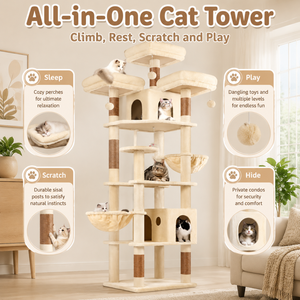 Tour de jeu pour <span class=keywords><strong>chat</strong></span> tout-en-un <span class=keywords><strong>avec</strong></span> structure en bois massif, poteaux en sisal naturel, hamac confortable et niche pour les grands chats - Product Image 4