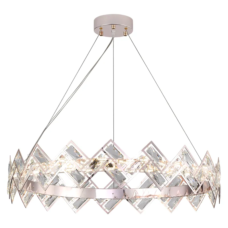 Modern rose gold iron electroplating lamp body frame round k9 big crystal ring ceiling chandelier