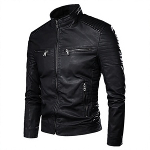 Blouson moto en cuir noir pour homme, col montant, fermeture éclair, coupe ajustée, couleur unie, manches classiques, idéal pour l'automne - Product Image 1