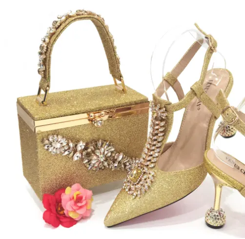 Nuevos zapatos, conjunto de bolsos con piedras, hermosos zapatos italianos para combinar, conjunto de bolsos, conjunto de zapatos de fiesta para mujer, conjunto de tacones de verano para mujer nupcial de PU