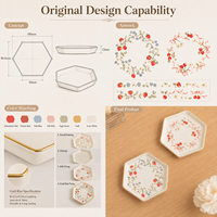 Plateau à bijoux hexagonal en céramique personnalisé avec bord doré, motif floral fraise, boîte cadeau, fournisseur en gros OEM ODM