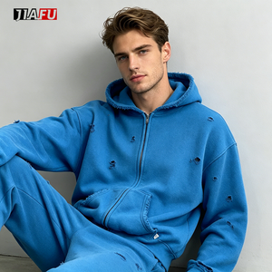 <strong>Men's</strong> <strong>Hoodies</strong> Baggy Fit Blank Zip up Hooded High Quality Fleece Hole Distressed Custom Logo <strong>Hoodies</strong> <strong>for</strong> <strong>Men</strong> Hot Supplier - Product Image 2