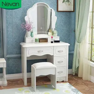 Muebles de dormitorio nórdico de lujo cajón barato tocador melamina blanco diseños tocador de maquillaje con espejo led