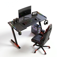 Meja Gaming Bentuk Z Permukaan Serat Karbon Rangka Logam Dengan Gantungan Headphone Dan Pencahayaan RGB Untuk Workstation Gamer