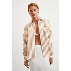 Chemise en lin rayée camel pour femme, décontractée, à boutons, pour tous les jours - Product Image 6