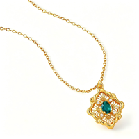 Collier pendentif fleur en filigrane plaqué or véritable 18 carats, zircon ovale multicolore, motif bambou, pour femme, bijou vintage, cadeau