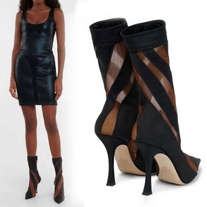 Pointy Toe Patchwork Stripe <b>Sock</b> <b>Boots</b> 2022 Spring Summer Fashion High Heel Ankle <b>Boots</b> Soft Breathable Shoes Short for Lady 45 - Product Image 5