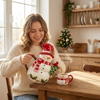 Tetera de Cerámica con Forma 3D de Muñeco de Nieve Navideño, Gorro Rojo, Bufanda, Árbol de Pino, Linterna, Regalo de Té Navideño, Decoración Personalizada al por Mayor