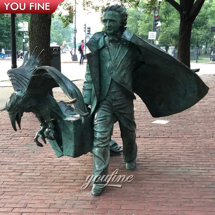 Park Decorative Bronze Man and Eagle Edgar Allan Poe Statue