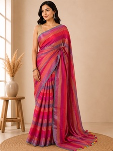 Sari de Algodón Mul con Rayas Multicolores, Sari de Diseño de Lujo para Mujer, Tejido de Algodón Mul Transpirable, Prenda Étnica India para Bodas - Product Image 1