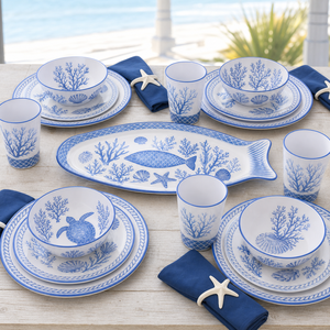 Ensemble de vaisselle de style méditerranéen haut de gamme en mélamine bleu corail, écologique, sans BPA, passe au lave-vaisselle, assiettes nautiques, océan, plage - Product Image 1