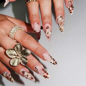 24 Uñas Postizas Francesas con Forma de Almendra, Elegantes, Cobertura Completa, Uñas Artificiales a Presión, Exquisito Accesorio <span class=keywords><strong>para</strong></span> el Cabello con Lazo, Borde Dorado <span class=keywords><strong>para</strong></span> Dedos - Product Image 3