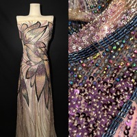 Tissu en dentelle perlée à sequins, broderie 3D feuille, dentelle lourde perlée, maille transparente brodée de perles pour robe de bal haute couture