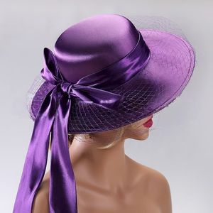 Nouveau chapeau de soleil tendance pour femmes Kentucky Derby à large bord chapeau de fête de mariage d'église en satin avec voile en maille et gros nœud papillon - Product Image 1