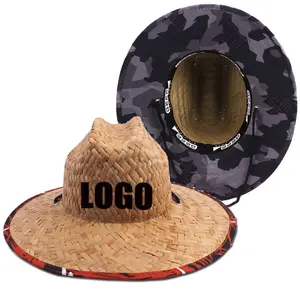 인명 구조 밀짚 모자 사용자 정의 패치 로고 밀짚 모자 인쇄 비치 서핑 천연 잔디 넓은 챙 인명 구조 대 밀짚 모자