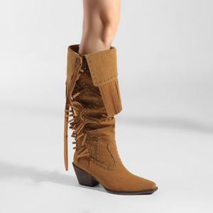 Botas Vaqueras Occidentales Color Bronceado con <span class=keywords><strong>Flecos</strong></span> y Tachuelas para Mujer, Botas de Vaquera de Media Pantorrilla con Punta Puntiaguda para Estilo Country y Moda Rodeo - Product Image 1