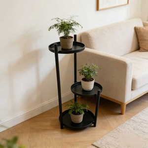 Support à plantes moderne minimaliste en fer forgé à trois niveaux, noir, sur pied, pour salon, balcon - Product Image 4