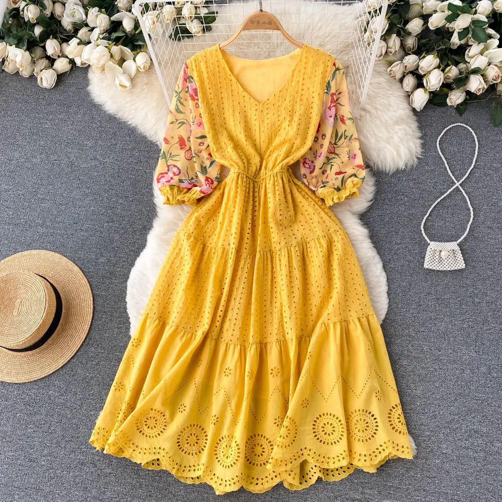 Half Sleeve V-neck Print A-Line Dress Summer Hollow Out Midi Dress Ladies Casual Dress Clothes Women Wholesale