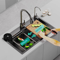 Évier de cuisine de luxe multifonctionnel moderne en acier inoxydable 304 avec cascade et pluie, cuve unique, ensemble complet