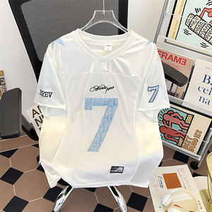 T-shirt d'été en maille ajourée à col en V pour homme, style sportif vintage, imprimé, coupe ample à manches courtes - Product Image 5