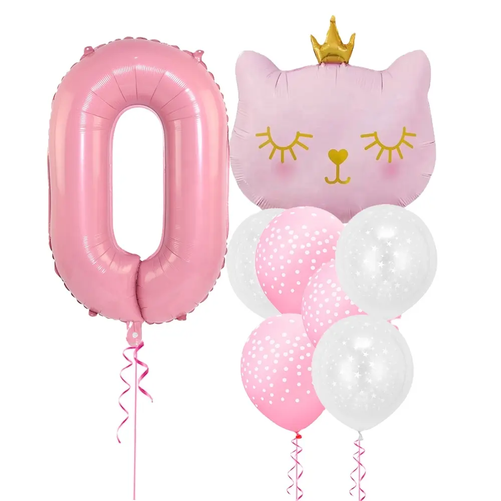 8pcs/set Cute Cat Head Foil Balloons Star Latex Balloon Pink 1 2 3 4 Years Birthday Party Decoration Balloon Baby Shower Globos