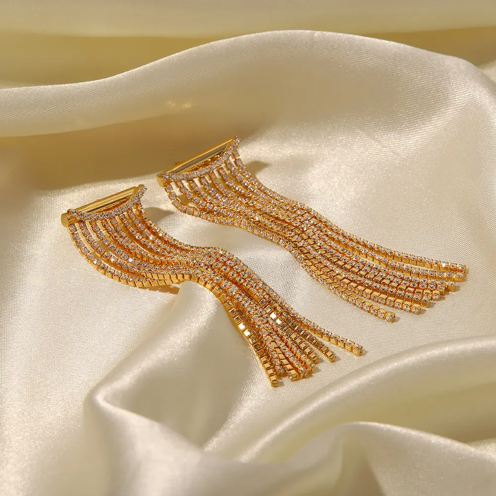 2405 jieding Fashion diamond-encrusted geometric long chain tassel earrings 18k gold-plated temperament studs design sense earri