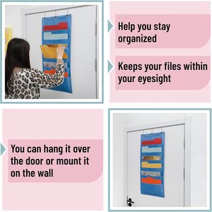 Hanging Wall <b>File</b> Organizer 6 Pocket Blue With 3 Stainless Steel <b>Hangers</b> For Office Storage Behind Doors Or On Walls - Product Image 6