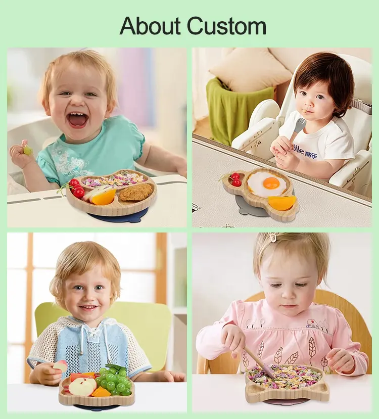 OEM Assiette en bois et bambou multifonctionnelle de qualité alimentaire pour bébé, vaisselle pour bébé, assiette avec ventouse en silicone