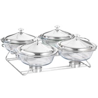 Plat de service en verre à 4 compartiments avec brûleur à alcool, chauffe-plat de buffet, couvercle en acier inoxydable pour hôtel, restaurant, mariage