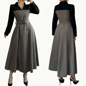 Robe de bureau élégante pour femmes avec col rabattu et boutons tendance, robe <span class=keywords><strong>longue</strong></span> à manches longues avec ceinture, couleur contrastée - Product Image 1