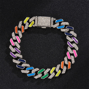 Pulsera <span class=keywords><strong>de</strong></span> eslabones cubanos con patrón geométrico <span class=keywords><strong>de</strong></span> 12 mm al por mayor, costuras coloridas en <span class=keywords><strong>cadena</strong></span> <span class=keywords><strong>de</strong></span> moissanita, material principal aleación, joyería - Product Image 5